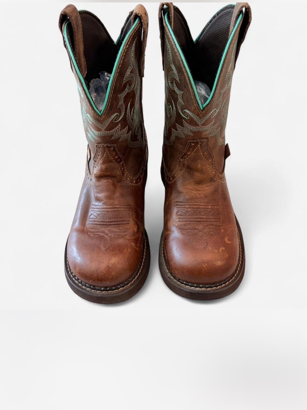 Women’s Justin Brown Leather Western Boots with Teal Stitching